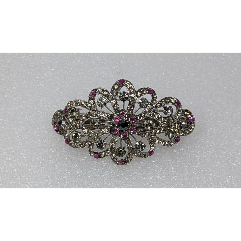 Vintage Floral Rhinestone Hair Barrette 3 3/4" x 2"